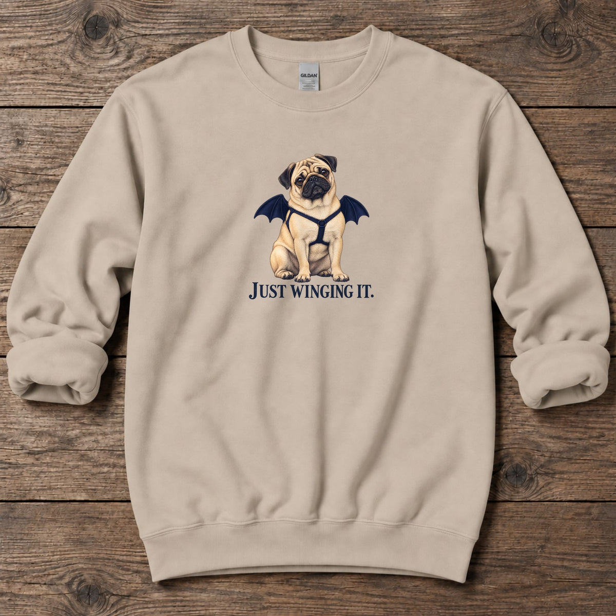 Just Winging It Bat Wings Pug Midweight Sweatshirt in Sand, Salty Paws coastal sweatshirt