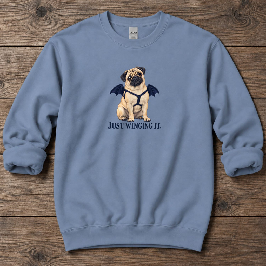 Just Winging It Bat Wings Pug Midweight Sweatshirt in Stone Blue, Salty Paws coastal sweatshirt