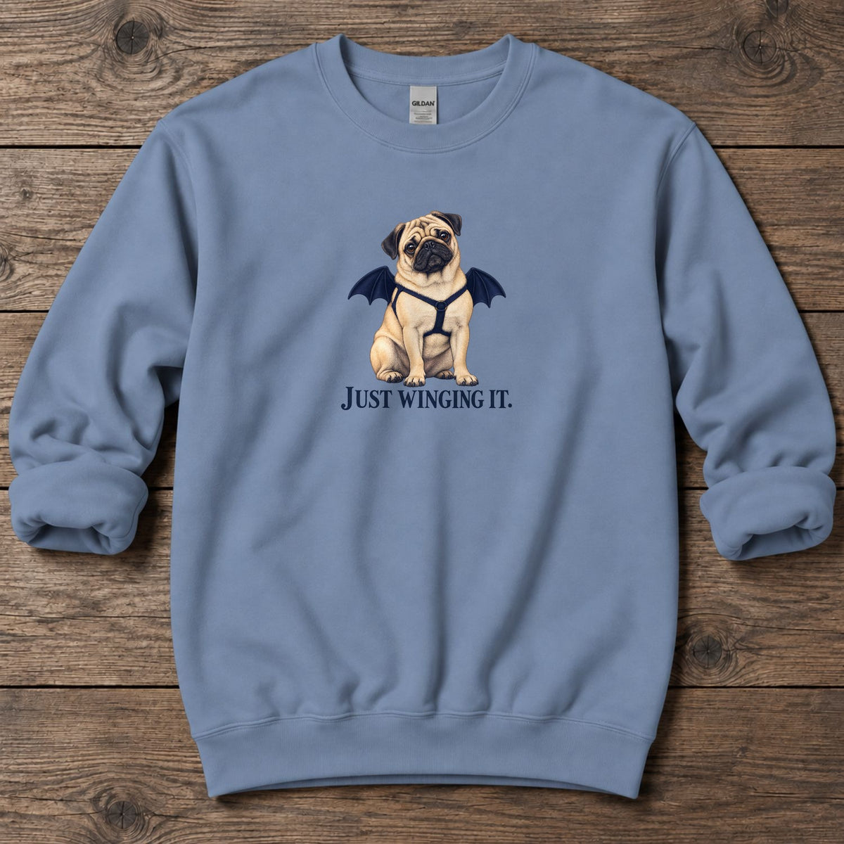 Just Winging It Bat Wings Pug Midweight Sweatshirt in Stone Blue, Salty Paws coastal sweatshirt
