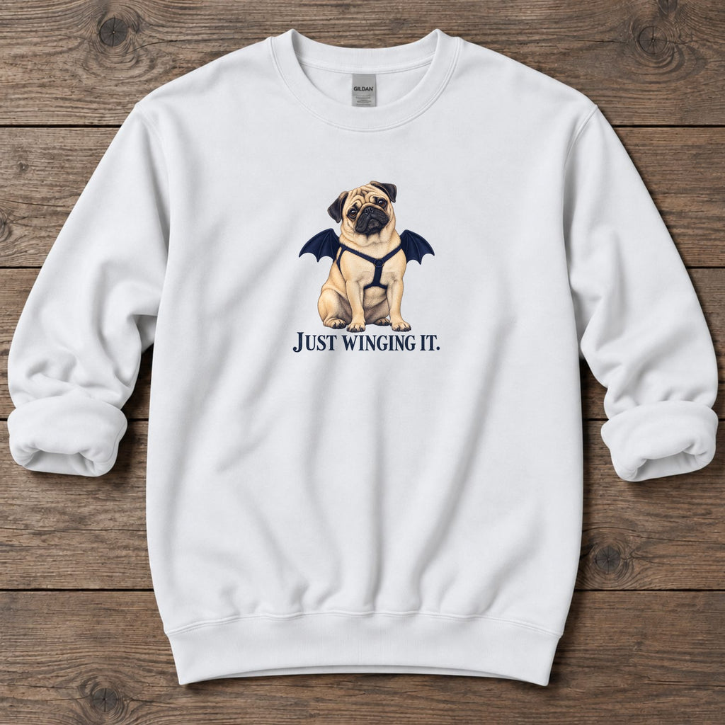 Just Winging It Bat Wings Pug Midweight Sweatshirt in White, Salty Paws coastal sweatshirt