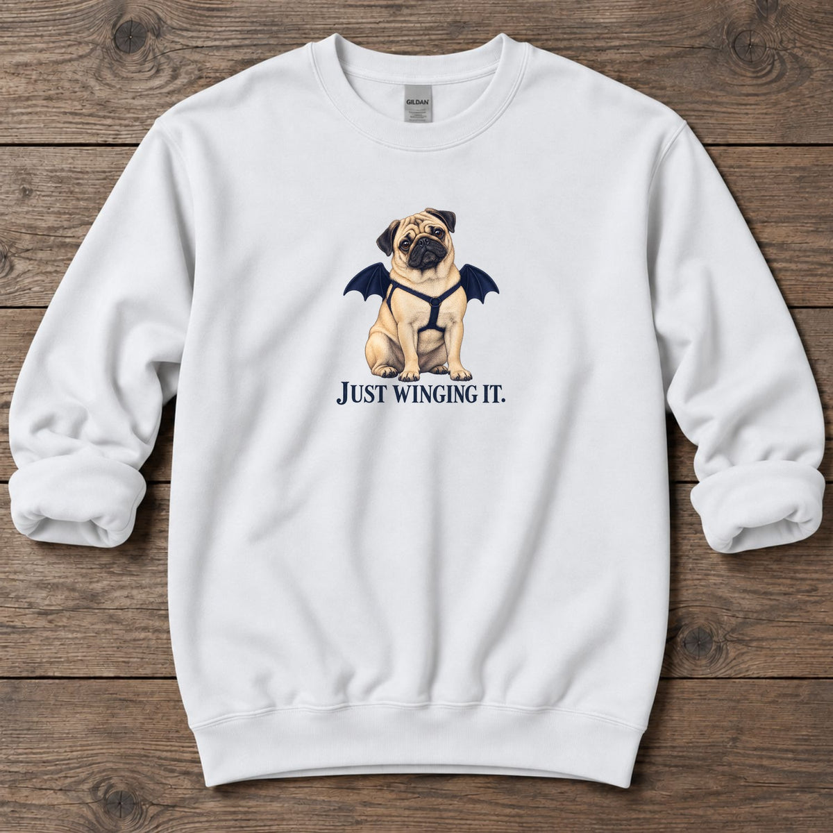 Just Winging It Bat Wings Pug Midweight Sweatshirt in White, Salty Paws coastal sweatshirt