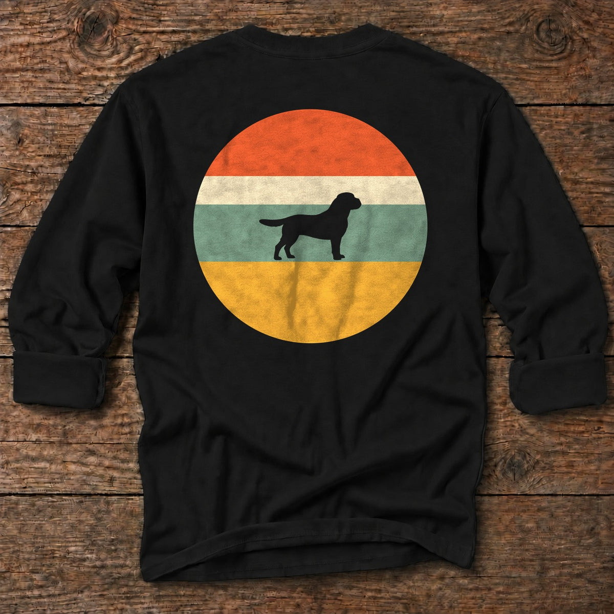 Labrador Sunset Back Design Long Sleeve Tee in Black, Salty Paws coastal long sleeve tee