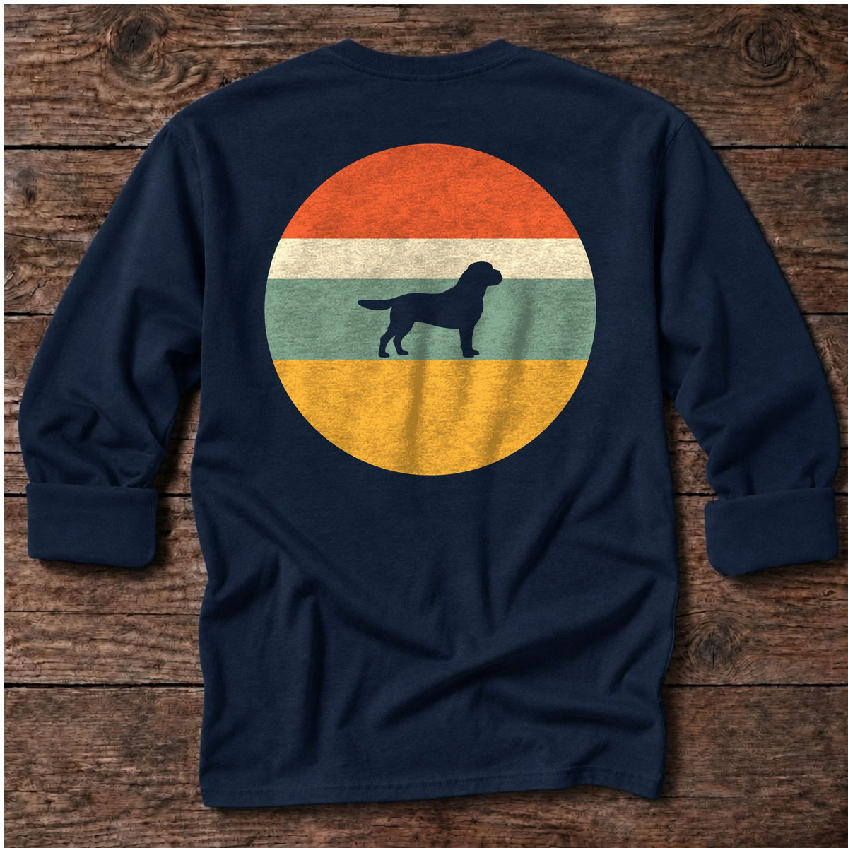 Labrador Sunset Back Design Long Sleeve Tee in Dark Navy, Salty Paws coastal long sleeve tee
