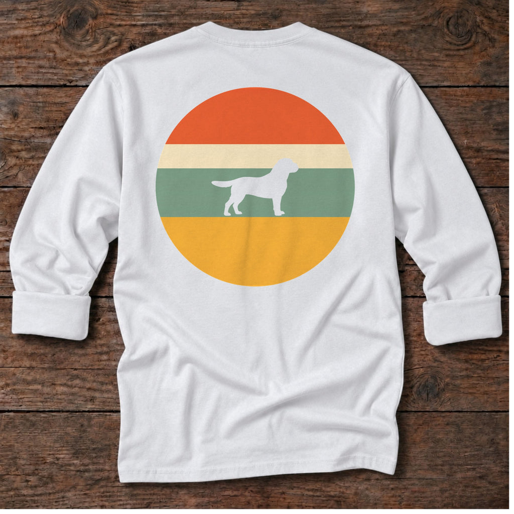 Labrador Sunset Back Design Long Sleeve Tee in White, Salty Paws coastal long sleeve tee