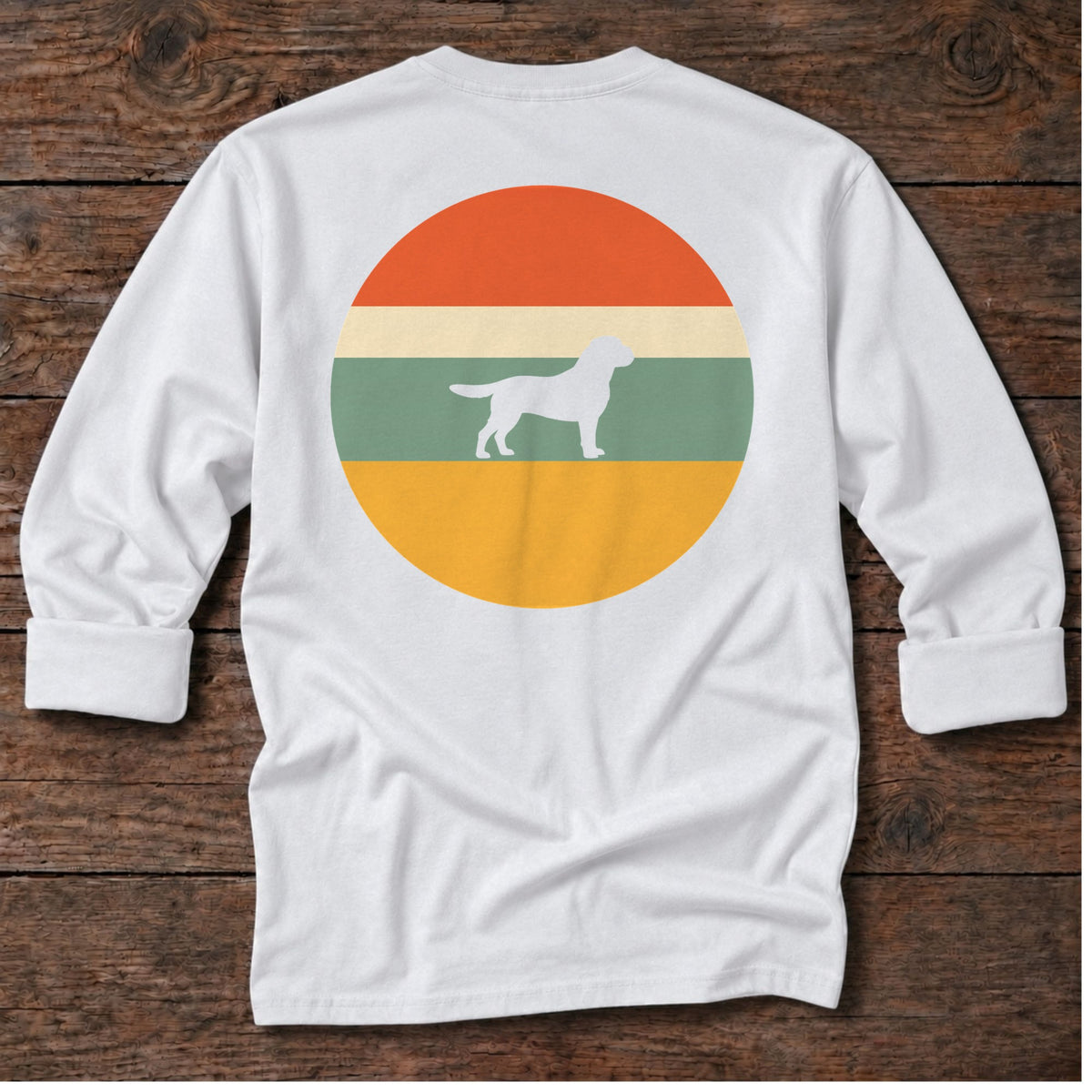 Labrador Sunset Back Design Long Sleeve Tee in White, Salty Paws coastal long sleeve tee