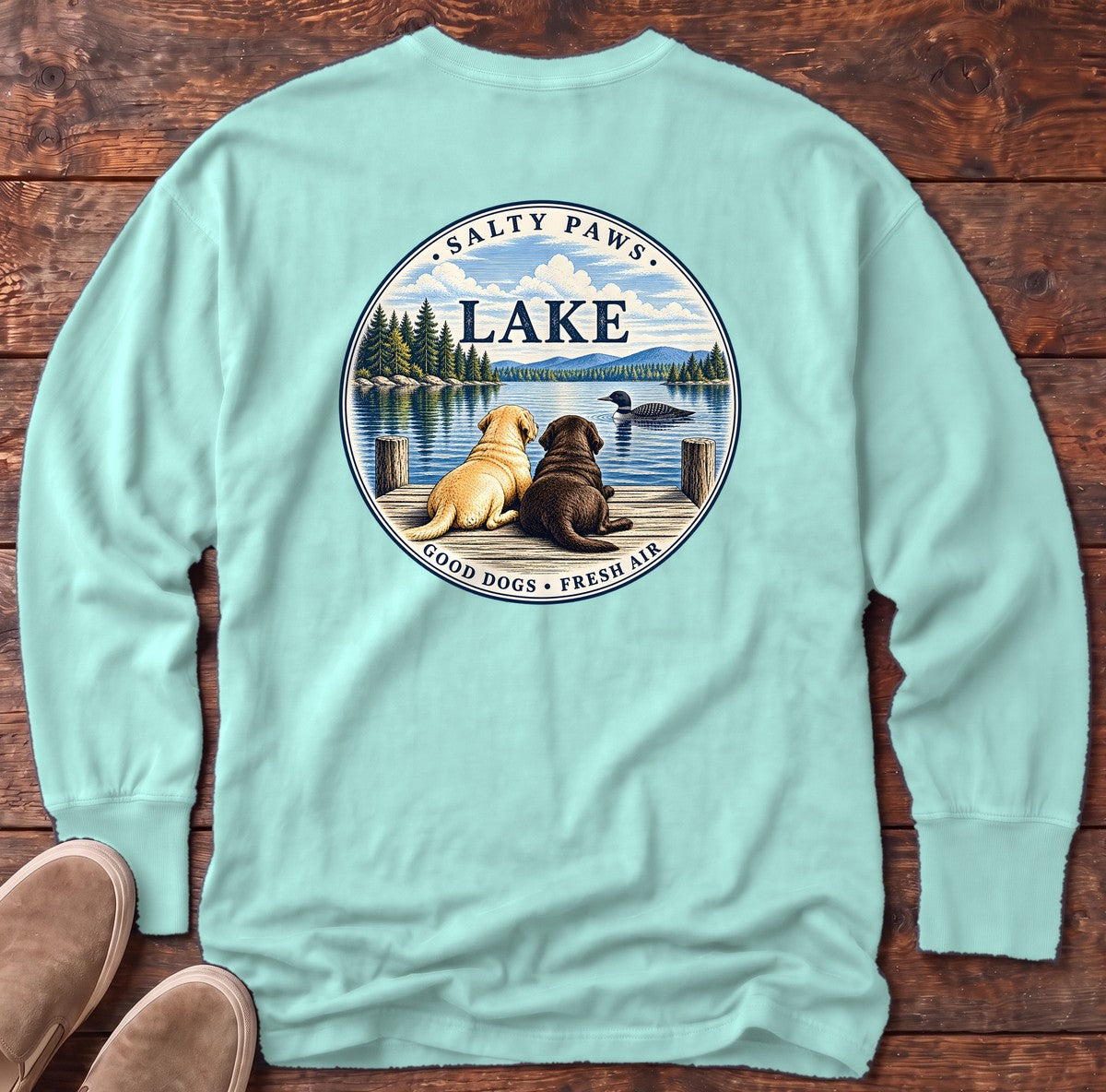 Lake Good Dogs Fresh Air Labradors Back Design Long Sleeve Tee in Chalky Mint, Salty Paws Comfort Colors Long Sleeve Tee, back design flat lay