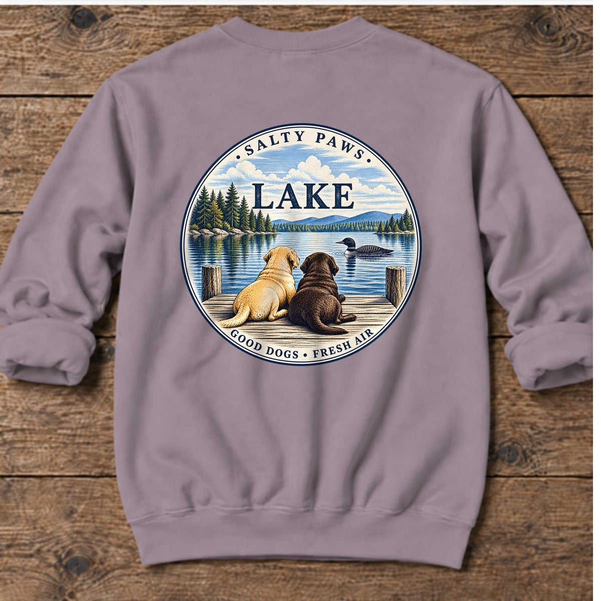 Lake Good Dogs Fresh Air Labradors Back Design Midweight Sweatshirt in Paragon, Salty Paws Midweight Sweatshirt, back design flat lay