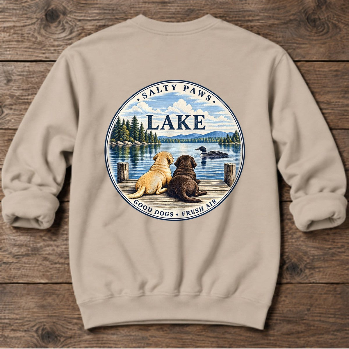 Lake Good Dogs Fresh Air Labradors Back Design Midweight Sweatshirt in Sand, Salty Paws Midweight Sweatshirt, back design flat lay