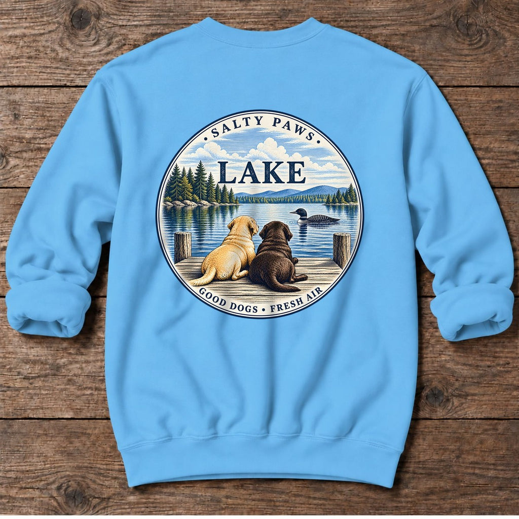 Lake Good Dogs Fresh Air Labradors Back Design Midweight Sweatshirt in Sky, Salty Paws Midweight Sweatshirt, back design flat lay