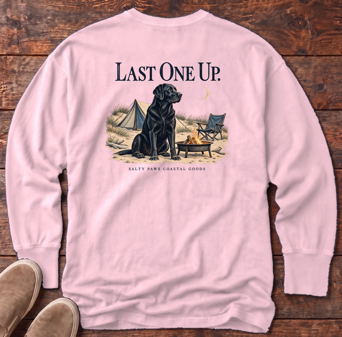 Last One Up Black Lab Salty Paws Coastal Goods Back Design Long Sleeve Tee in Blossom, Salty Paws Comfort Colors Long Sleeve Tee, back design flat lay