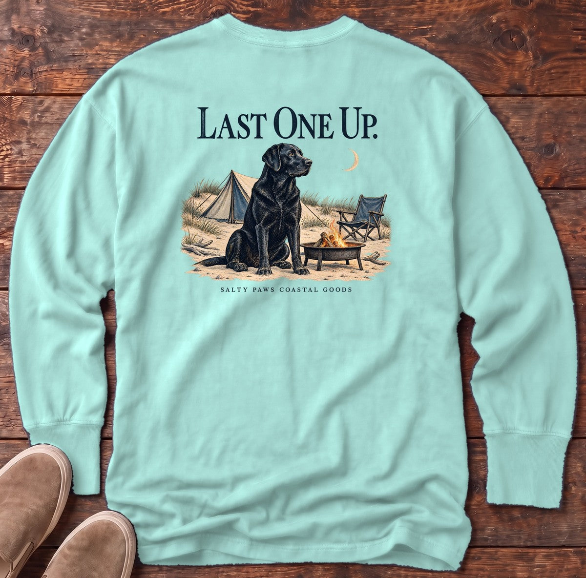 Last One Up Black Lab Salty Paws Coastal Goods Back Design Long Sleeve Tee in Chalky Mint, Salty Paws Comfort Colors Long Sleeve Tee, back design flat lay