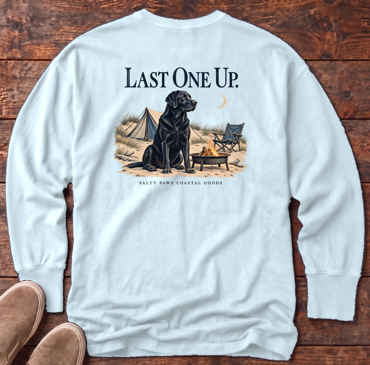 Last One Up Black Lab Salty Paws Coastal Goods Back Design Long Sleeve Tee in Chambray, Salty Paws Comfort Colors Long Sleeve Tee, back design flat lay