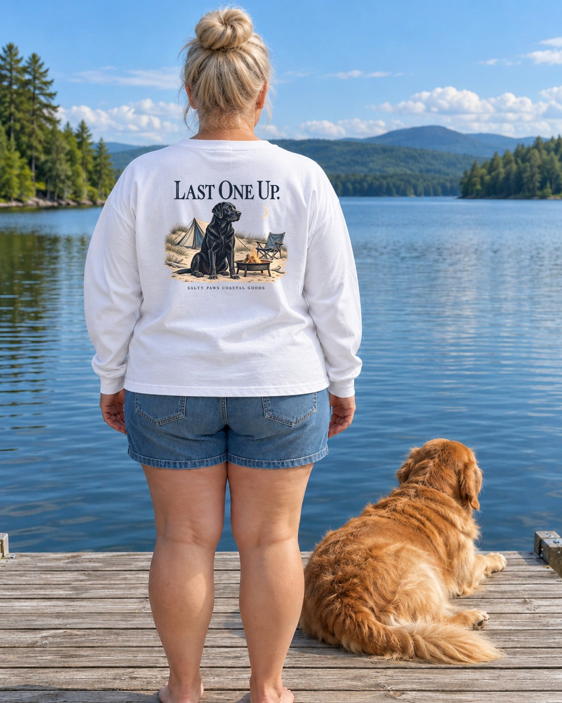 Last One Up Black Lab Salty Paws Coastal Goods Back Design Long Sleeve Tee in White, worn by a model, Salty Paws back design