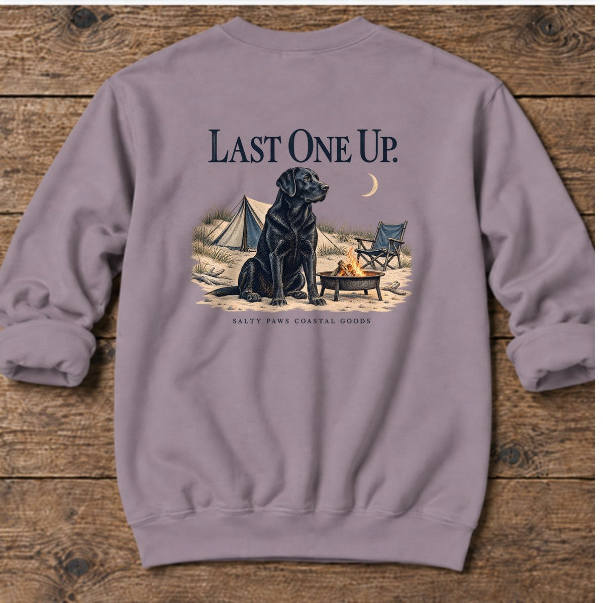 Last One Up Black Lab Salty Paws Coastal Goods Back Design Midweight Sweatshirt in Paragon, Salty Paws Midweight Sweatshirt, back design flat lay