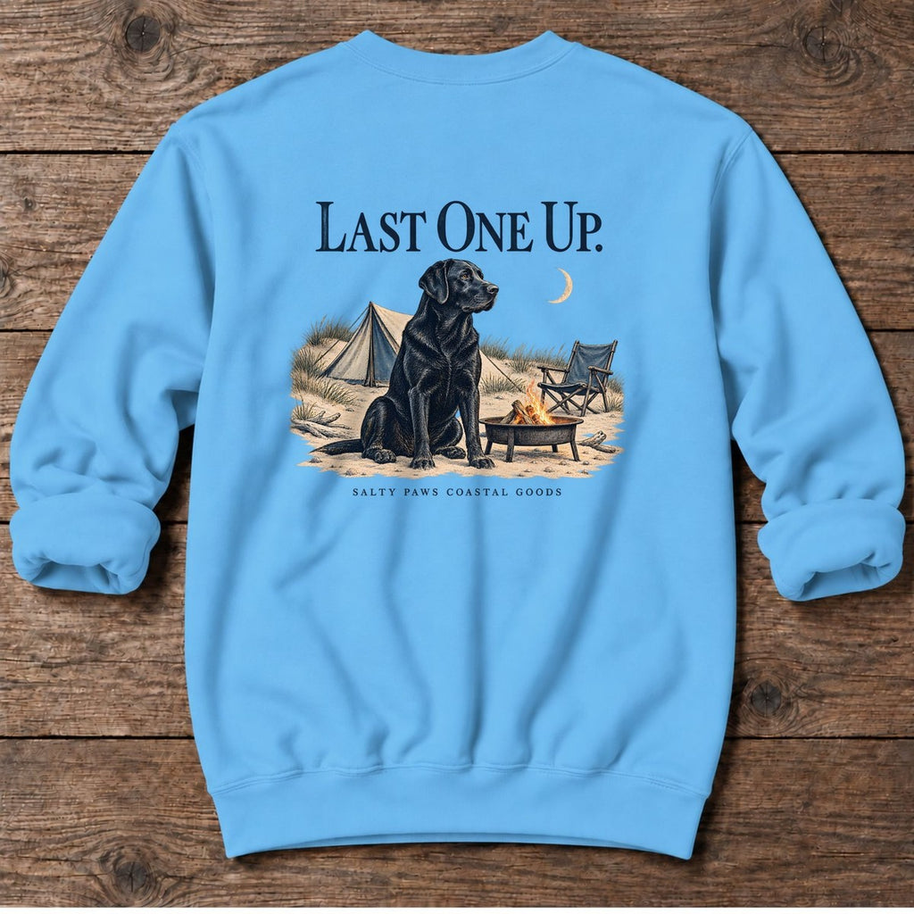 Last One Up Black Lab Salty Paws Coastal Goods Back Design Midweight Sweatshirt in Sky, Salty Paws Midweight Sweatshirt, back design flat lay