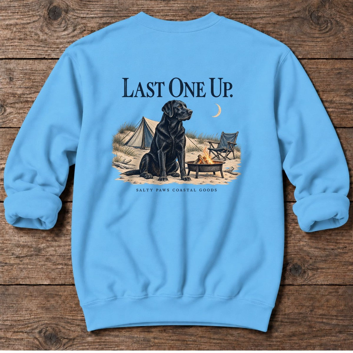 Last One Up Black Lab Salty Paws Coastal Goods Back Design Midweight Sweatshirt in Sky, Salty Paws Midweight Sweatshirt, back design flat lay