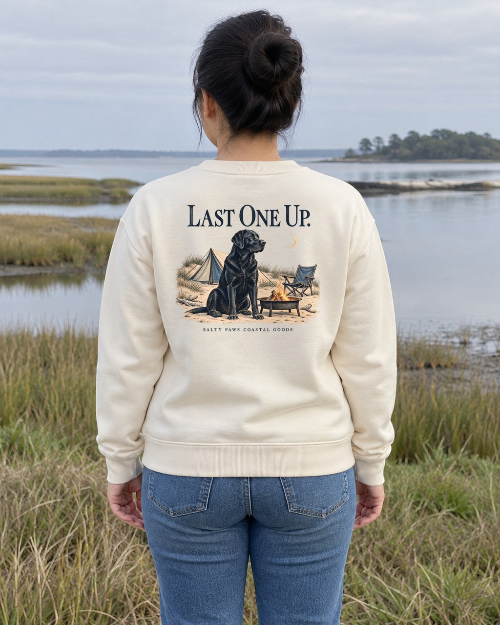 Last One Up Black Lab Salty Paws Coastal Goods Back Design Midweight Sweatshirt in White, worn by a model, Salty Paws back design