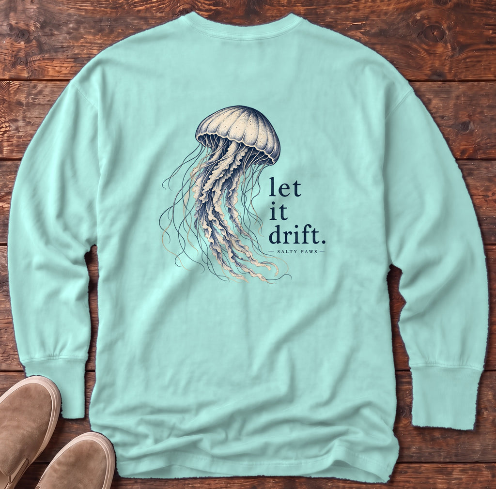 Let It Drift Jellyfish Back Design Long Sleeve Tee Comfort Colors in Chalky Mint, Salty Paws Comfort Colors Long Sleeve Tee, back design flat lay