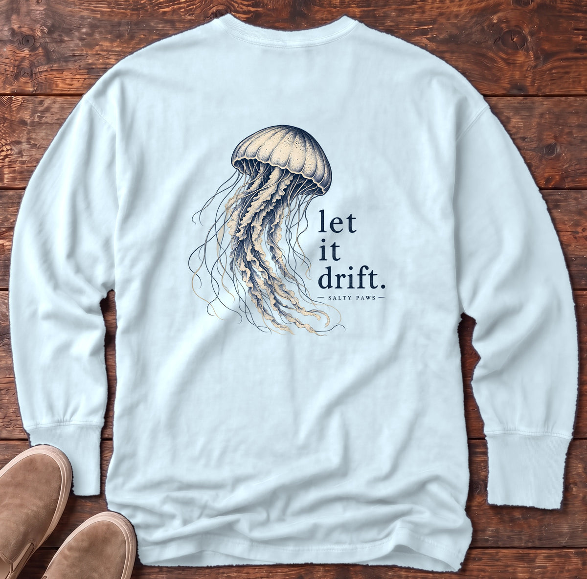 Let It Drift Jellyfish Back Design Long Sleeve Tee Comfort Colors in Chambray, Salty Paws Comfort Colors Long Sleeve Tee, back design flat lay