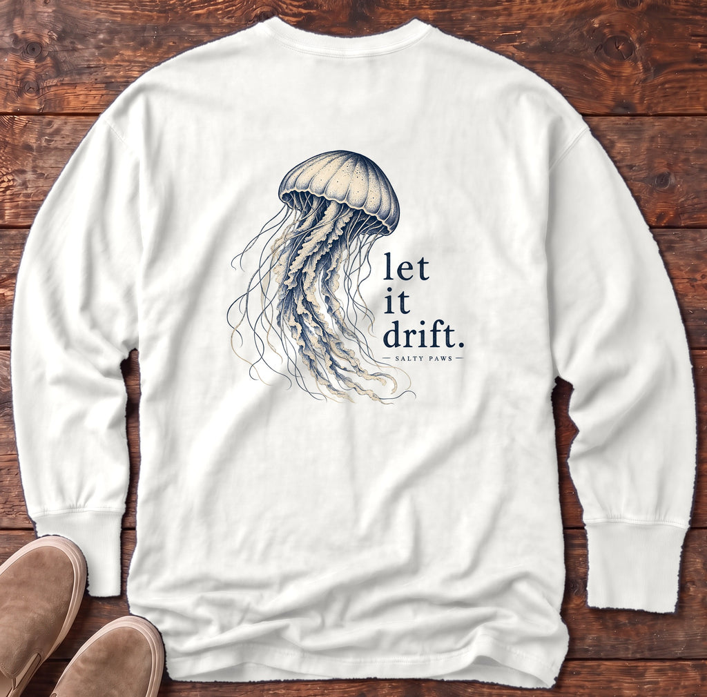 Let It Drift Jellyfish Back Design Long Sleeve Tee Comfort Colors in White, Salty Paws Comfort Colors Long Sleeve Tee, back design flat lay