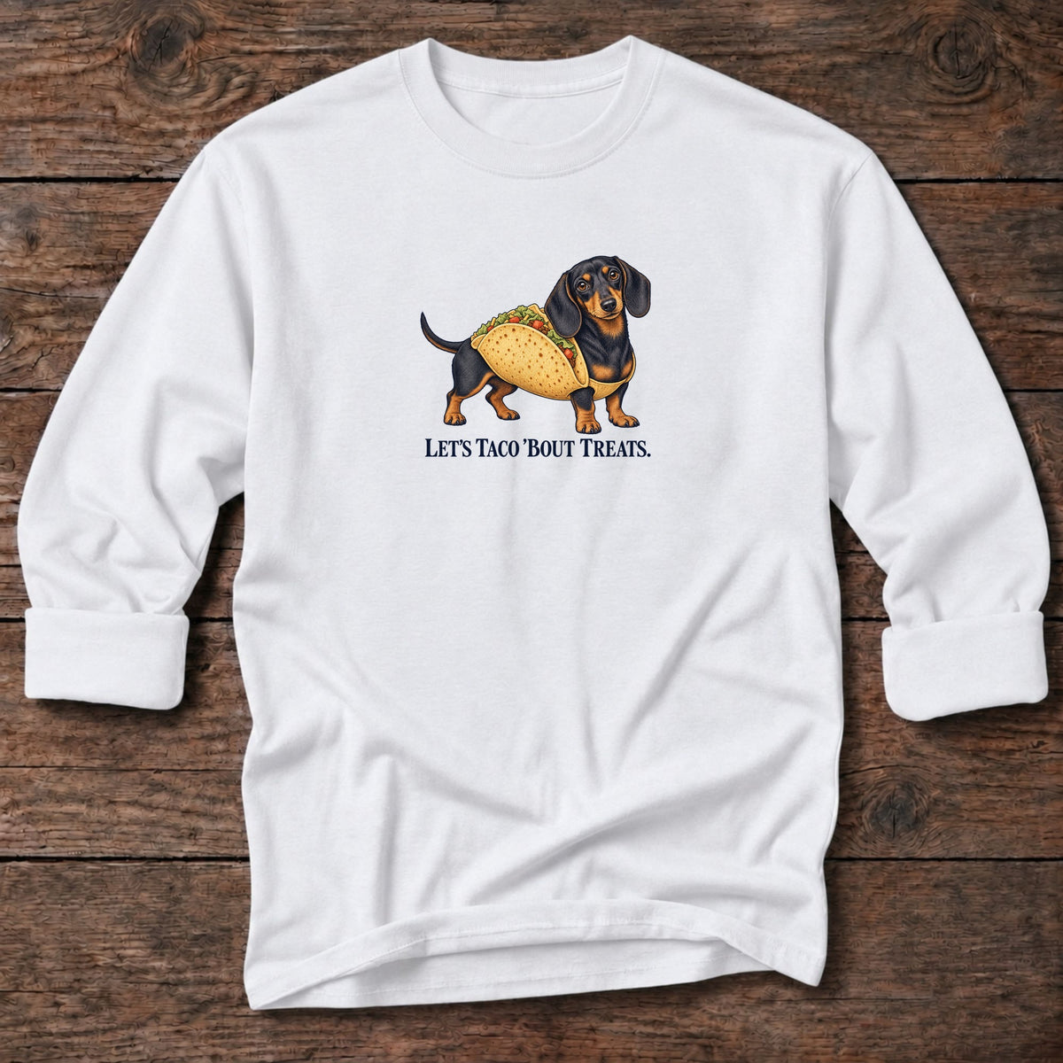 Let's Taco Bout Treats Dachshund Long T-Shirt in White, Salty Paws coastal long sleeve tee