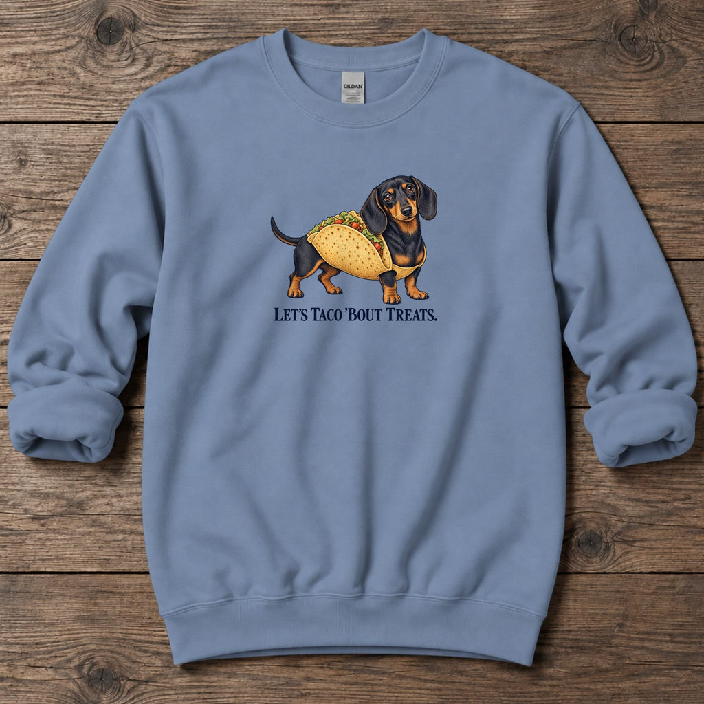 Let's Taco Bout Treats Dachshund Midweight Sweatshirt in Stone Blue, Salty Paws coastal sweatshirt