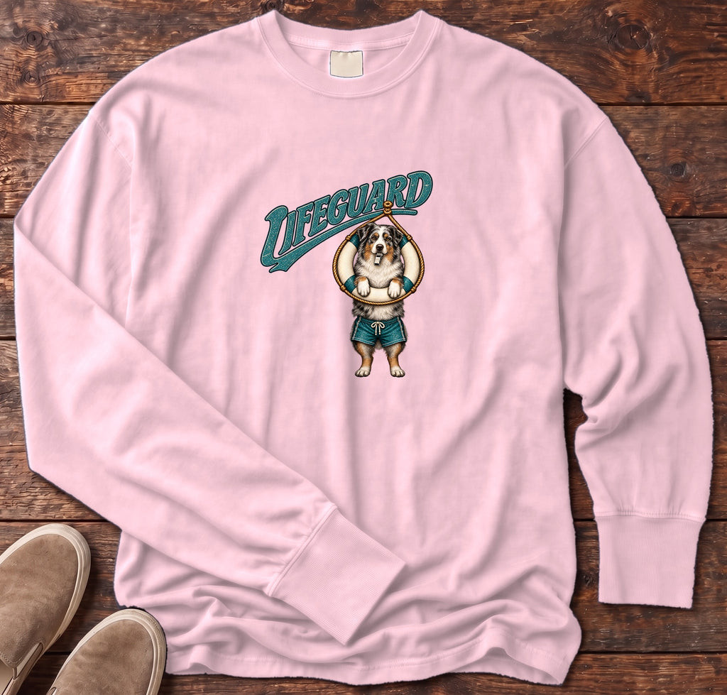 Lifeguard Australian Shepherd Long Sleeve Tee Comfort Colors in Blossom, Salty Paws Comfort Colors Long Sleeve Tee, front design flat lay
