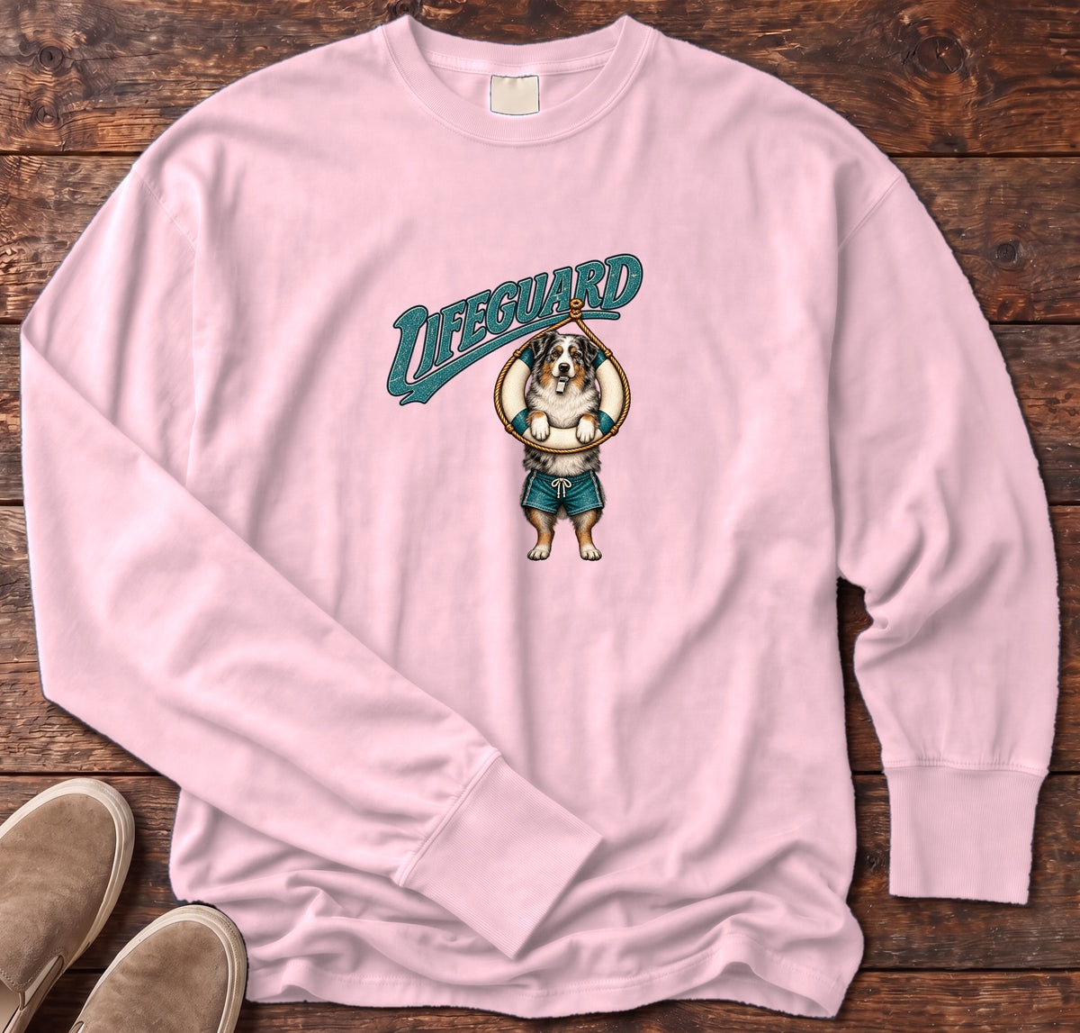 Lifeguard Australian Shepherd Long Sleeve Tee Comfort Colors in Blossom, Salty Paws Comfort Colors Long Sleeve Tee, front design flat lay