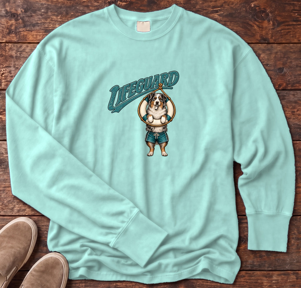 Lifeguard Australian Shepherd Long Sleeve Tee Comfort Colors in Chalky Mint, Salty Paws Comfort Colors Long Sleeve Tee, front design flat lay