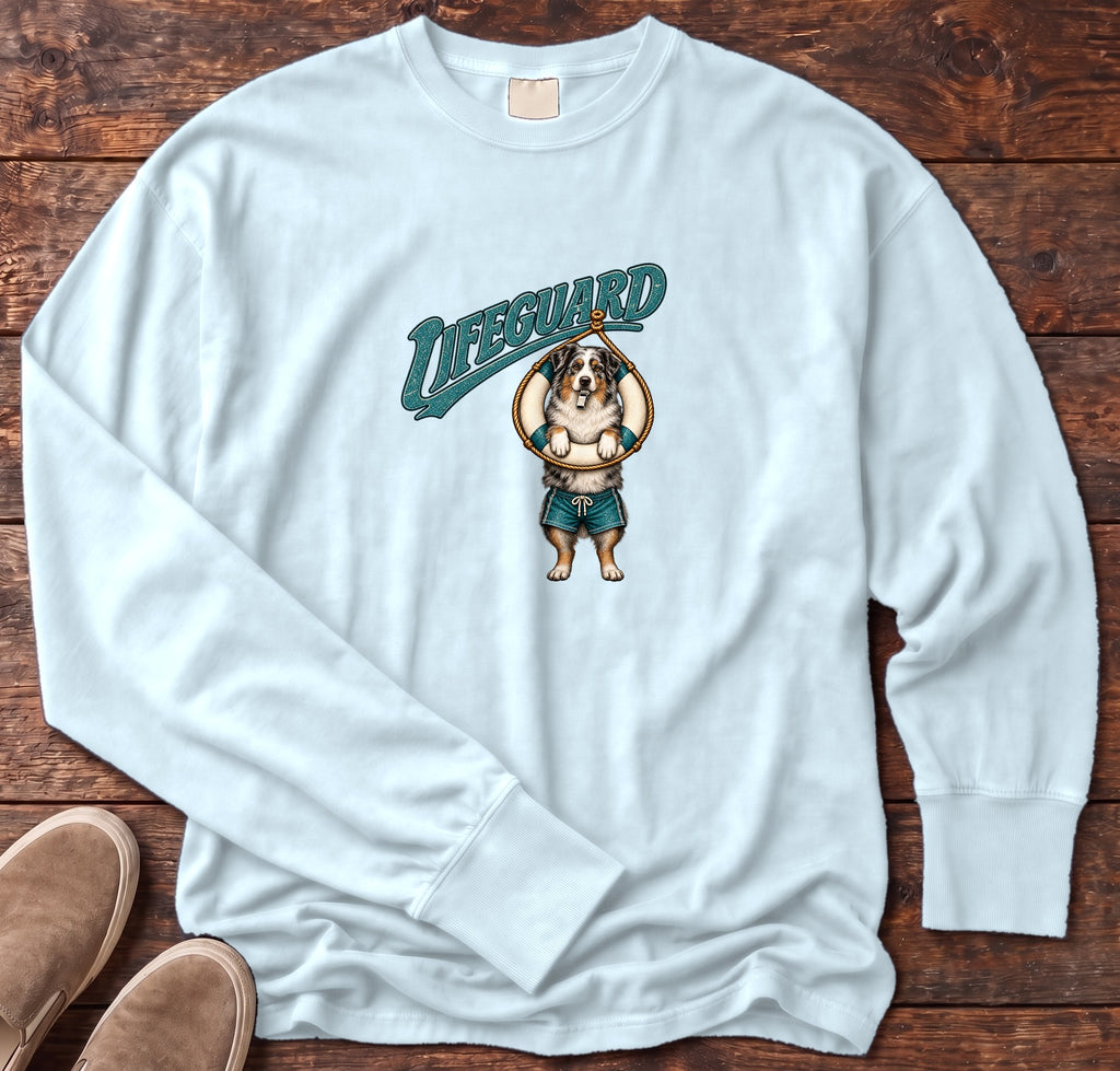 Lifeguard Australian Shepherd Long Sleeve Tee Comfort Colors in Chambray, Salty Paws Comfort Colors Long Sleeve Tee, front design flat lay