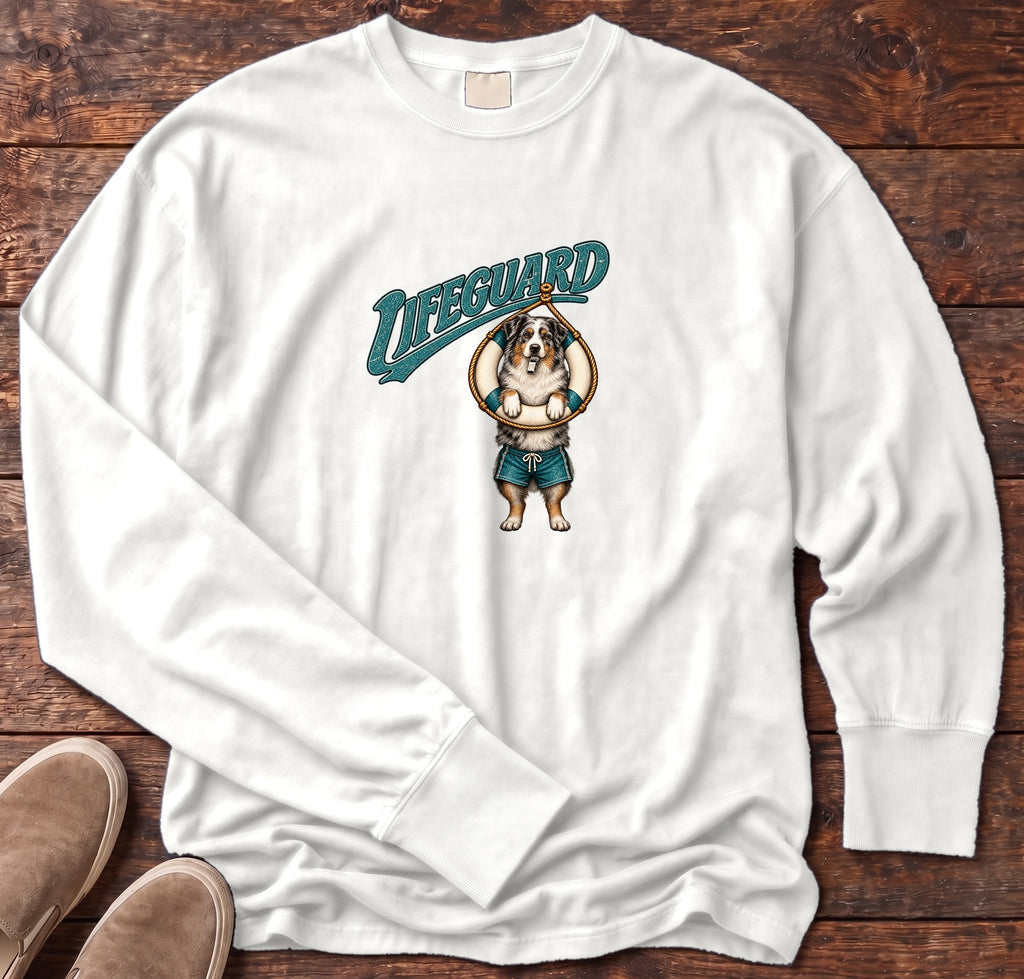 Lifeguard Australian Shepherd Long Sleeve Tee Comfort Colors in White, Salty Paws Comfort Colors Long Sleeve Tee, front design flat lay