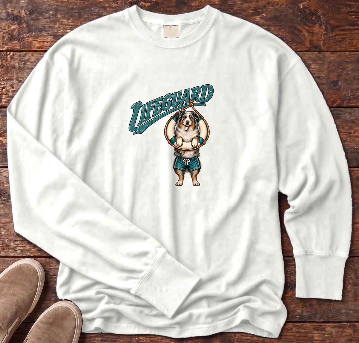 Lifeguard Australian Shepherd Long Sleeve Tee Comfort Colors in White, Salty Paws Comfort Colors Long Sleeve Tee, front design flat lay