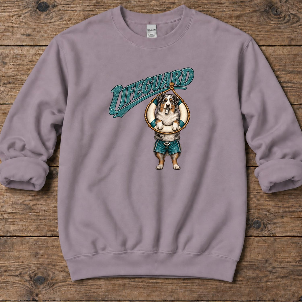 Lifeguard Australian Shepherd Midweight Sweatshirt in Paragon, Salty Paws Midweight Sweatshirt, front design flat lay
