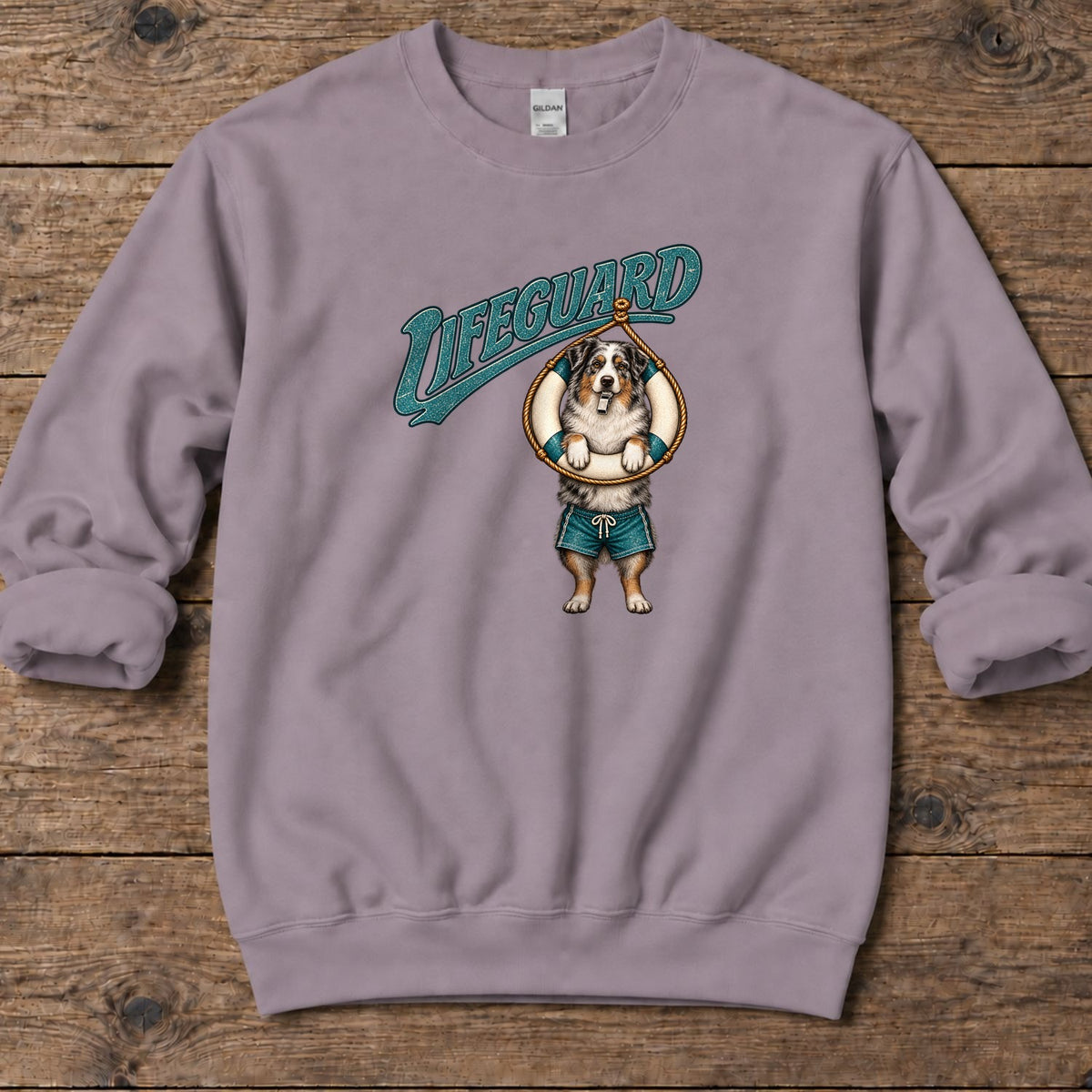 Lifeguard Australian Shepherd Midweight Sweatshirt in Paragon, Salty Paws Midweight Sweatshirt, front design flat lay