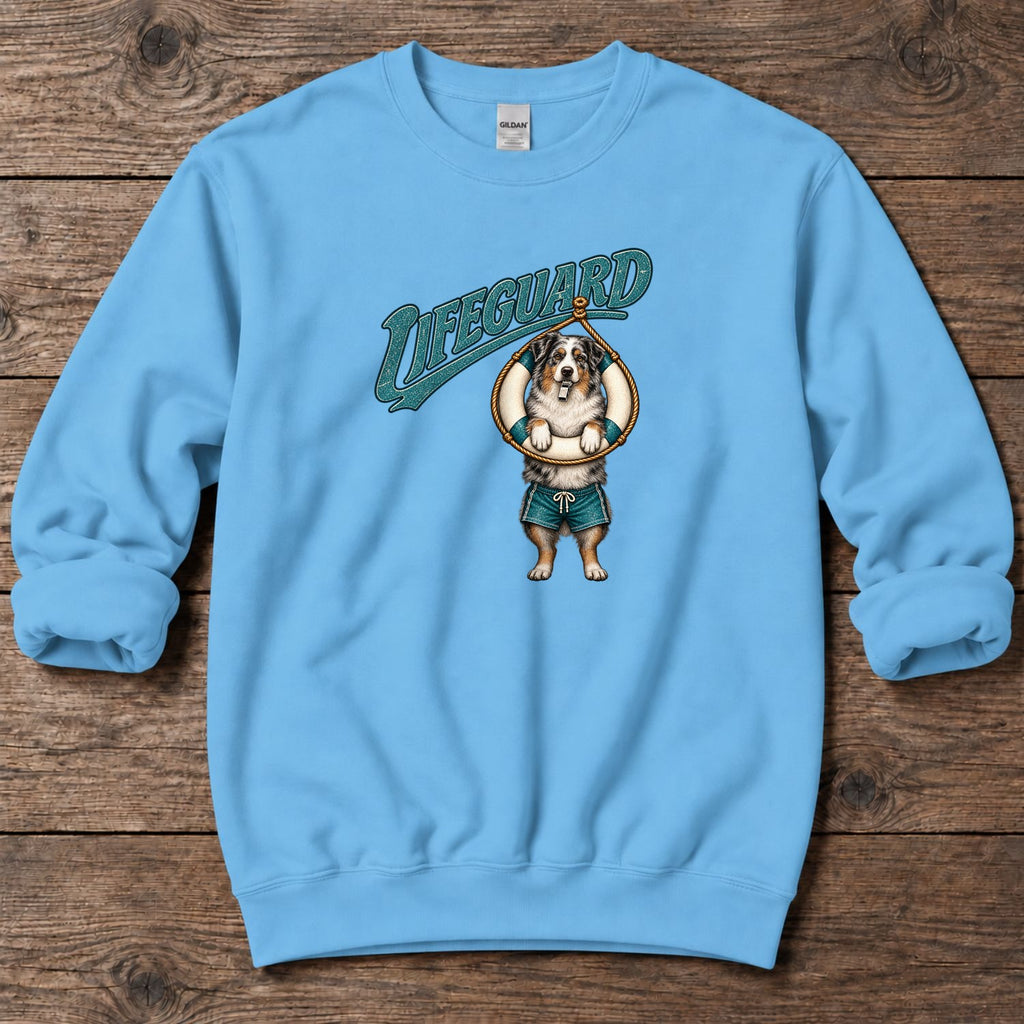 Lifeguard Australian Shepherd Midweight Sweatshirt in Sky, Salty Paws Midweight Sweatshirt, front design flat lay