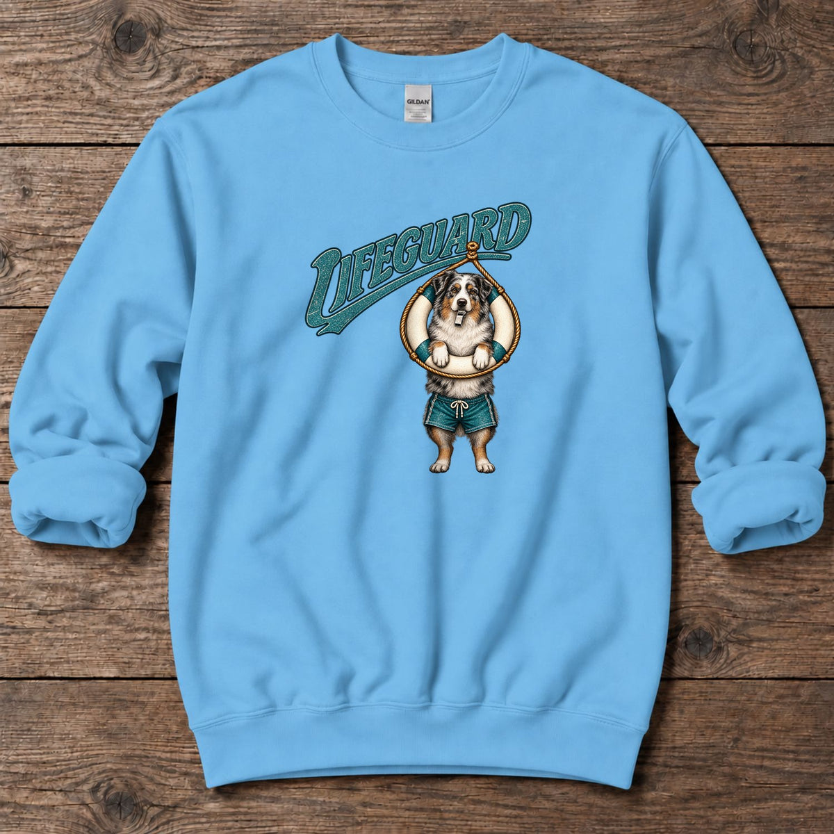 Lifeguard Australian Shepherd Midweight Sweatshirt in Sky, Salty Paws Midweight Sweatshirt, front design flat lay