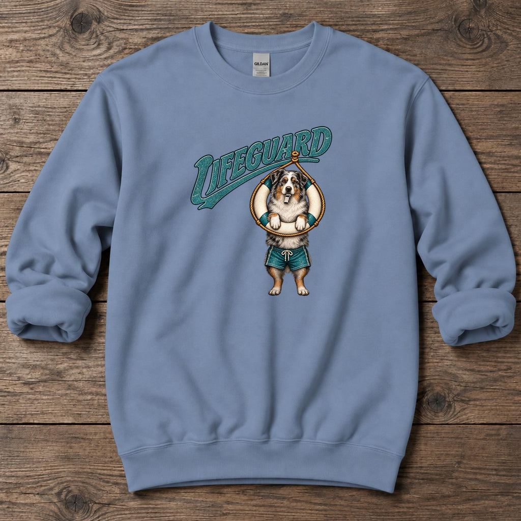 Lifeguard Australian Shepherd Midweight Sweatshirt in Stone Blue, Salty Paws Midweight Sweatshirt, front design flat lay
