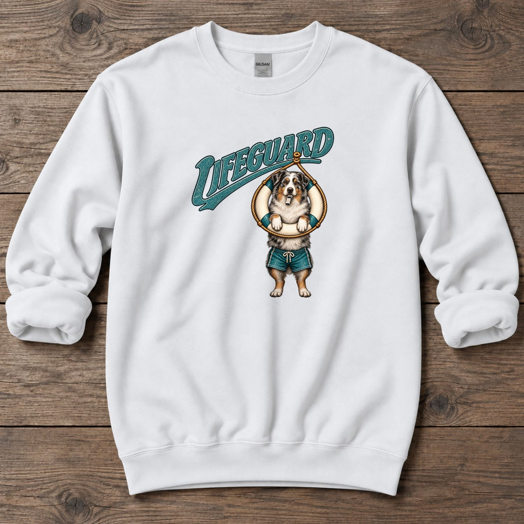 Lifeguard Australian Shepherd Midweight Sweatshirt in White, Salty Paws Midweight Sweatshirt, front design flat lay