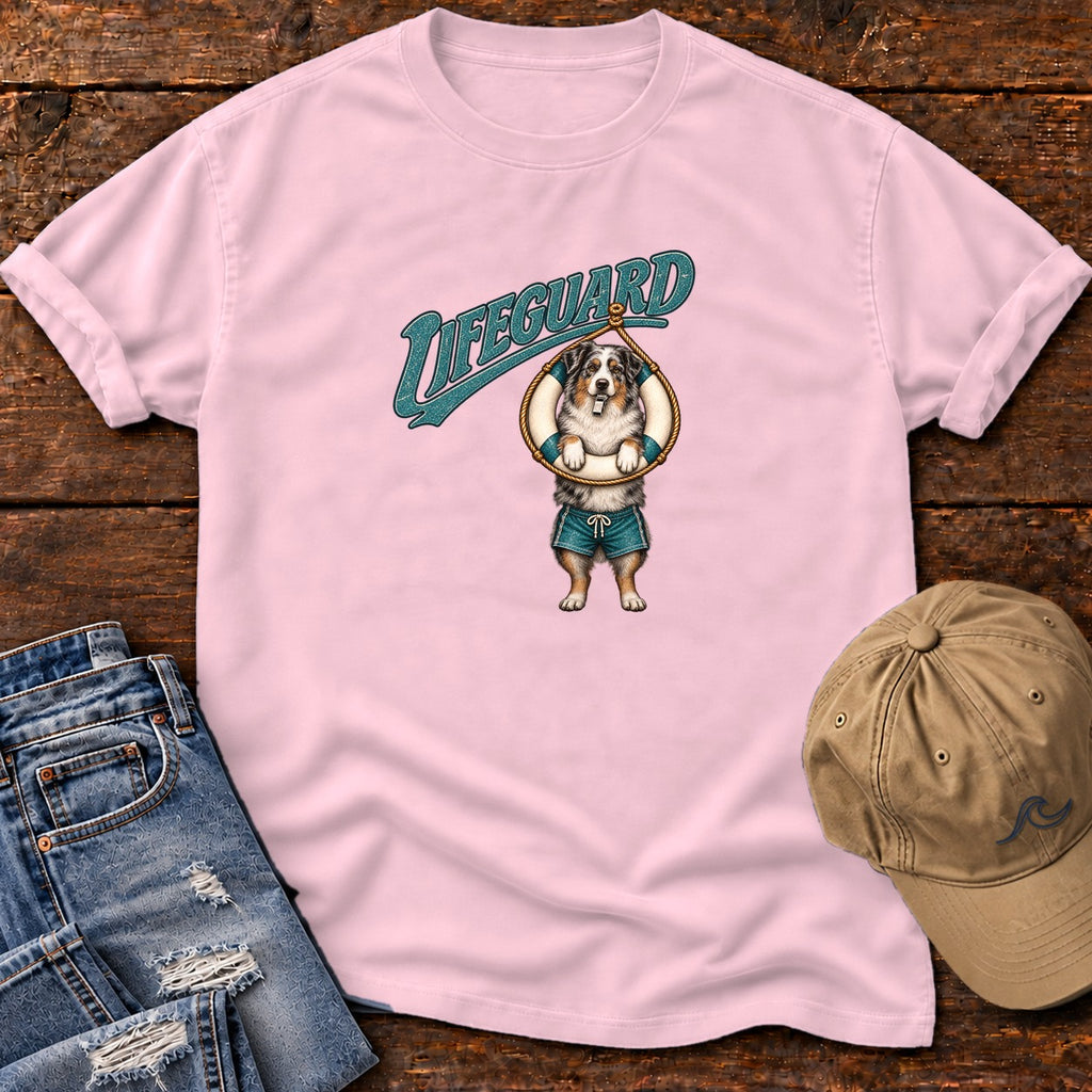 Lifeguard Australian Shepherd T-Shirt Comfort Colors in Blossom, Salty Paws Comfort Colors T-Shirt, front design flat lay