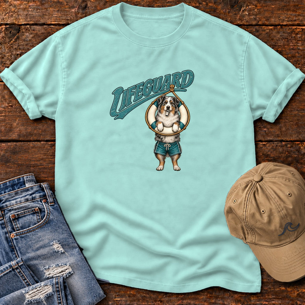 Lifeguard Australian Shepherd T-Shirt Comfort Colors in Chalky Mint, Salty Paws Comfort Colors T-Shirt, front design flat lay