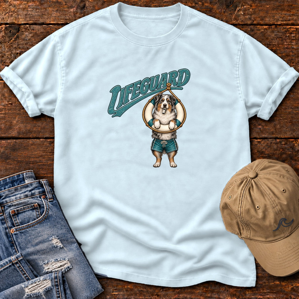 Lifeguard Australian Shepherd T-Shirt Comfort Colors in Chambray, Salty Paws Comfort Colors T-Shirt, front design flat lay