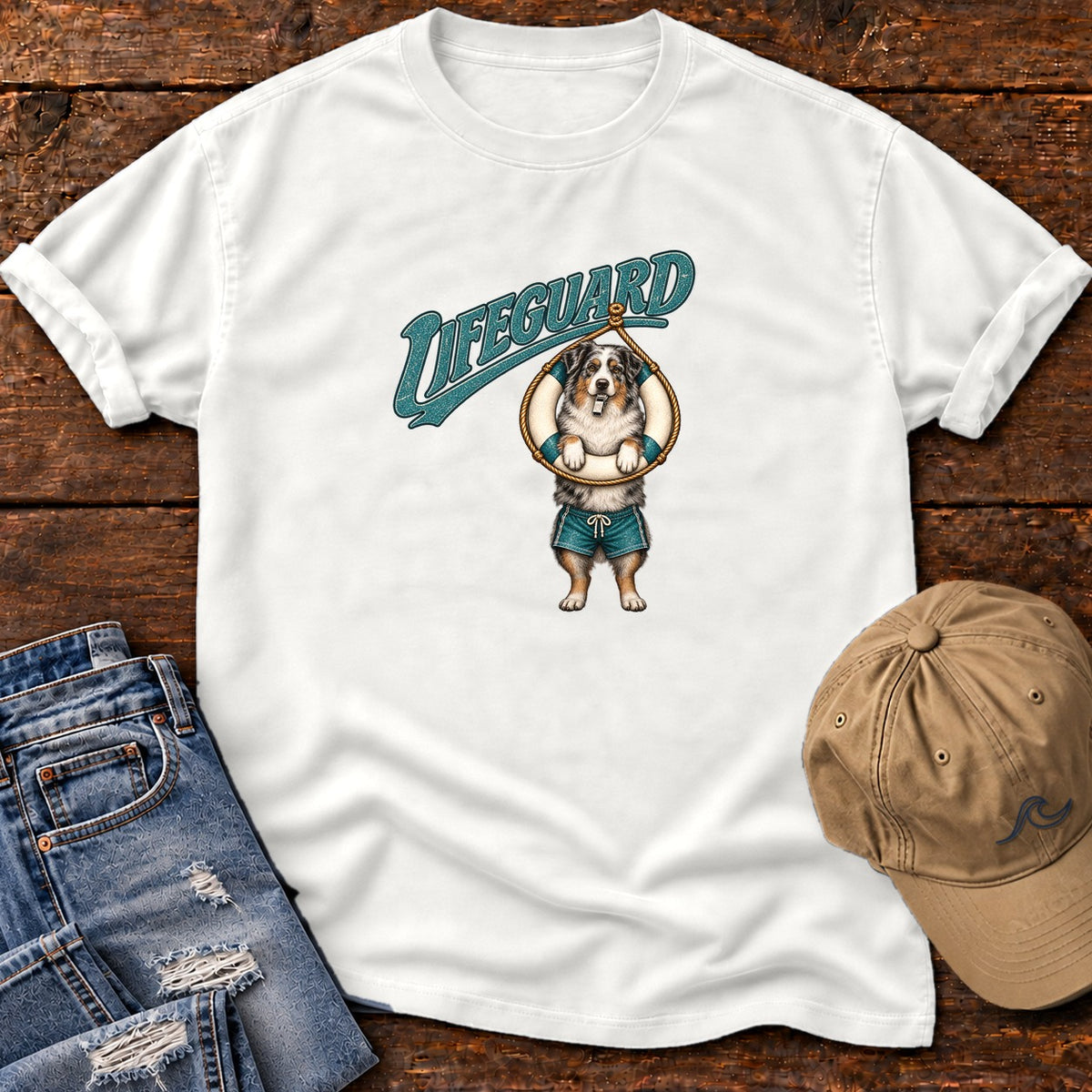 Lifeguard Australian Shepherd T-Shirt Comfort Colors in White, Salty Paws Comfort Colors T-Shirt, front design flat lay