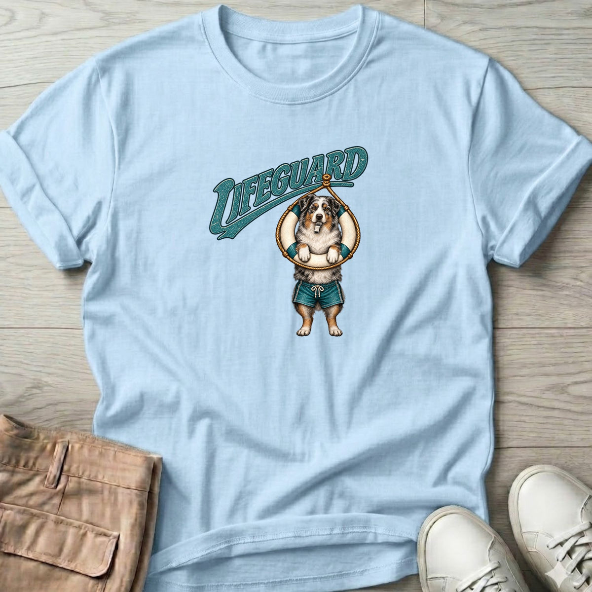 Lifeguard Australian Shepherd T-Shirt in Light Blue, Salty Paws Soft Style T-Shirt, front design flat lay