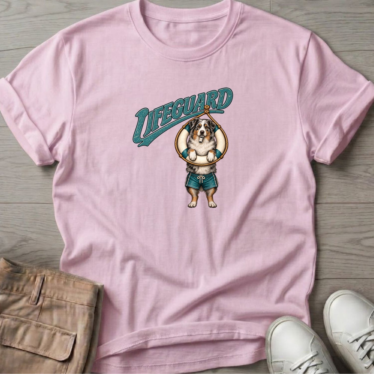 Lifeguard Australian Shepherd T-Shirt in Light Pink, Salty Paws Soft Style T-Shirt, front design flat lay