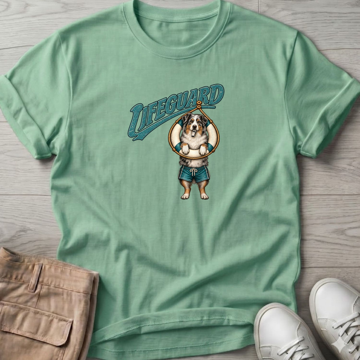 Lifeguard Australian Shepherd T-Shirt in Mint Green, Salty Paws Soft Style T-Shirt, front design flat lay