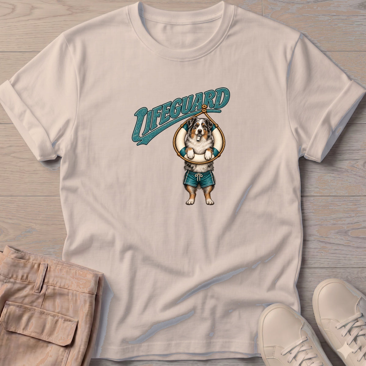 Lifeguard Australian Shepherd T-Shirt in Sand, Salty Paws Soft Style T-Shirt, front design flat lay