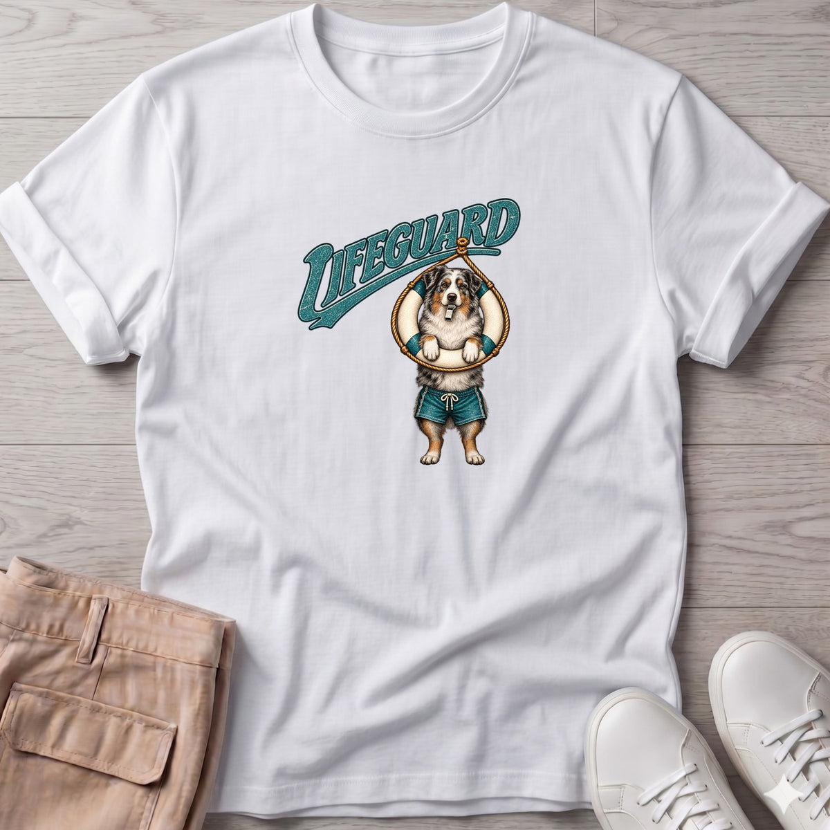 Lifeguard Australian Shepherd T-Shirt in White, Salty Paws Soft Style T-Shirt, front design flat lay
