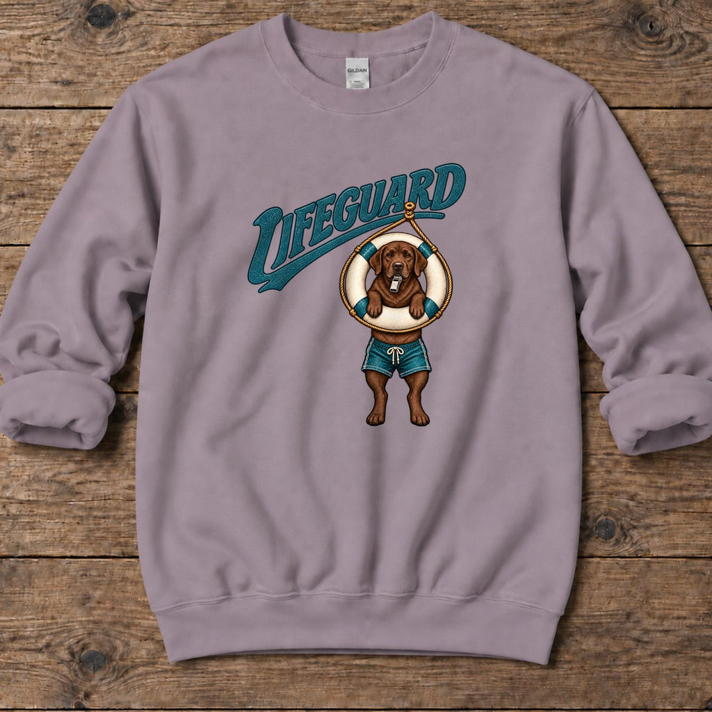 Lifeguard Chocolate Labrador Midweight Sweatshirt in Paragon, Salty Paws Midweight Sweatshirt, front design flat lay