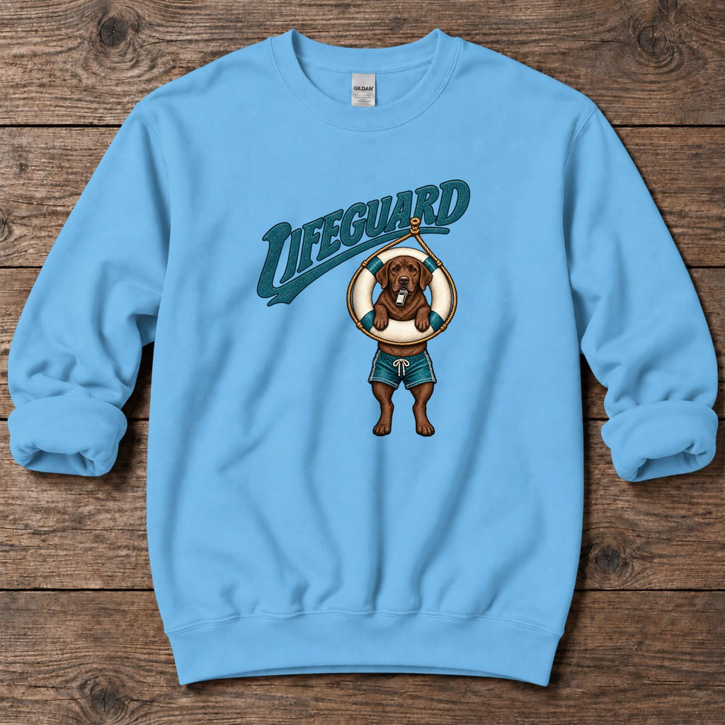 Lifeguard Chocolate Labrador Midweight Sweatshirt in Sky, Salty Paws Midweight Sweatshirt, front design flat lay