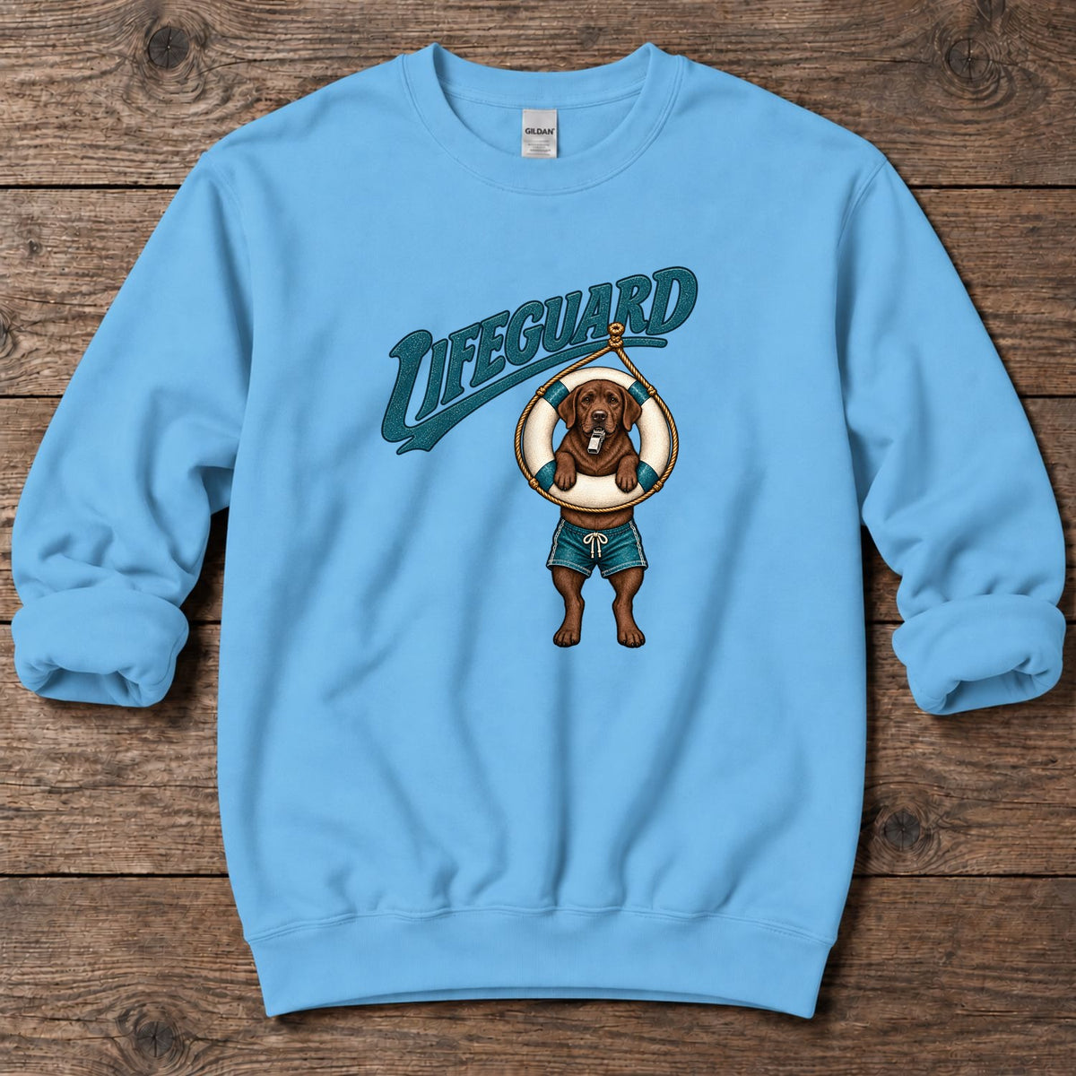 Lifeguard Chocolate Labrador Midweight Sweatshirt in Sky, Salty Paws Midweight Sweatshirt, front design flat lay